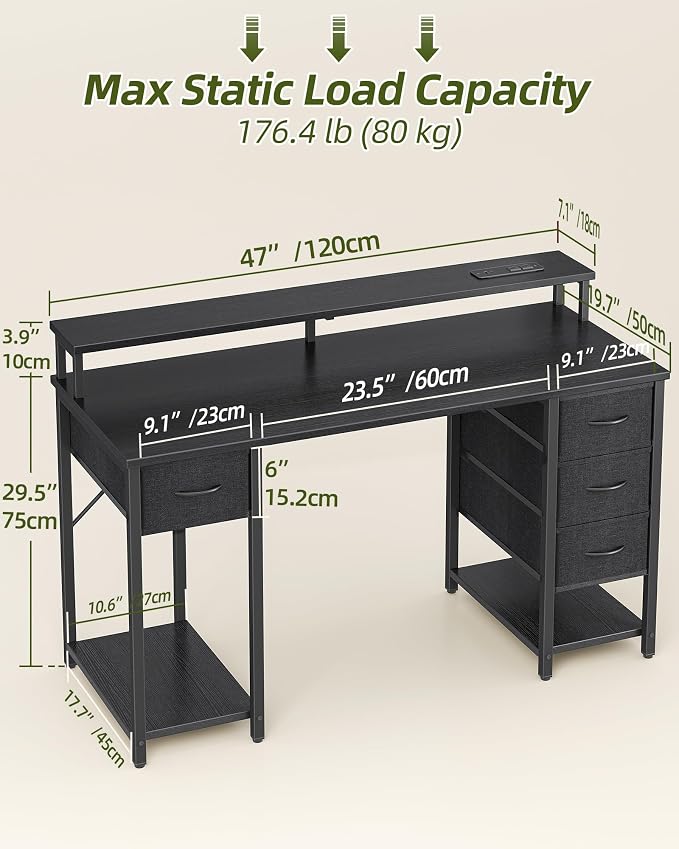 TIQLAB Computer Desk with 4 Drawers & LED Lights, 47 Inch Gaming Desk with Monitor Stand & Power Outlets, Home Office Desk with Large Storage Space, Study Work Table for Bedroom, Black - Image 3