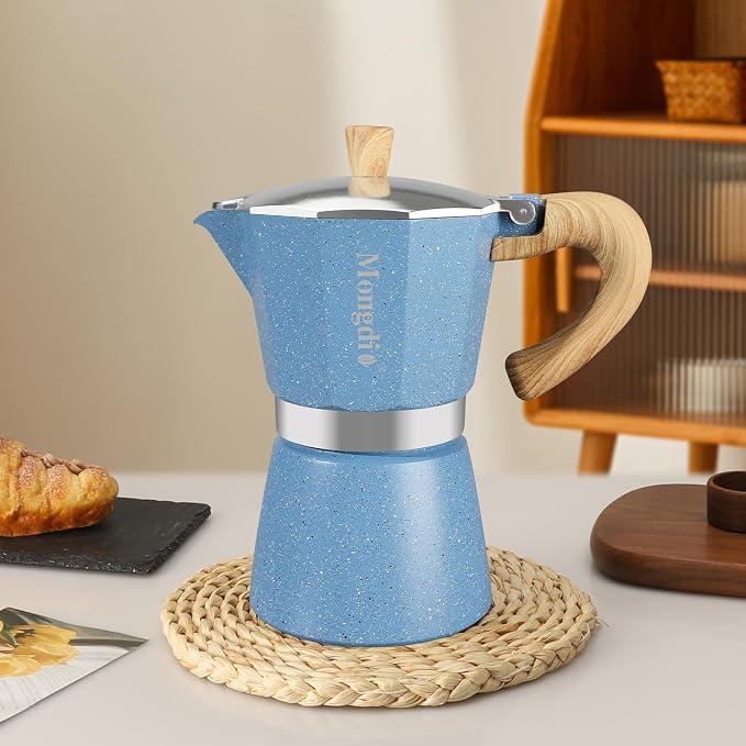 Mongdio Stovetop Espresso Maker Moka Pot, Cuban Coffee Maker Stove top coffee maker Moka Italian Espresso Greca Coffee Maker Brewer Percolator, 6 Espresso Cups, 10 oz - Blue - Image 8