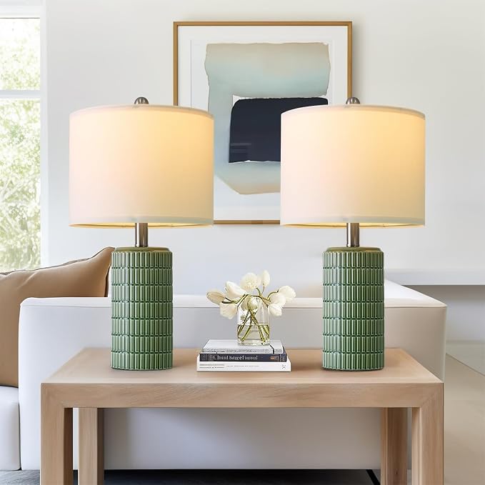 PoKat 20.75" Small Modern Ceramic Table Lamps Set of 2 for Bedroom, Green Bedside Lamps for Night Stands, Farmhouse House Decor Nightstand Table Lamps for Living Room End Table Green - Image 3