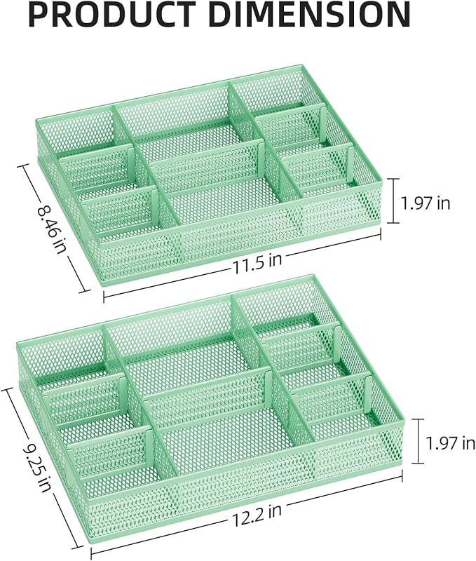 Marbrasse 2 Pack Desk Drawer Organizer, Mesh Drawer Organizer Tray with 8 Adjustable Compartments, Desk Organizers and Accessories, 5 Dividers Drawer for Office Supplies, Makeup & Vanity (Green) - Image 5