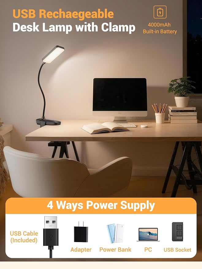 Clip on Light,9 Brightness+5 Color Rechargeable Lamp,48 LED Small Desk Lamp | 4000mAh Battery Powered Lamp,450 Lumen Clamp Light, Wireless & Cordless Book Reading Light for Bed/Bedside Table/Bedroom/Dorm - Image 5
