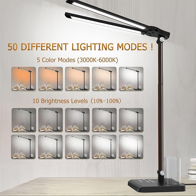Retractable Dimmable LED Desk Lamp with USB Charging Port Desk Light | Height Adjustable 50 Lighting Modes Dual Swing Arm Architect Adjustable Table Lamp Light for Home Office Dorm Nail, Black - Image 5