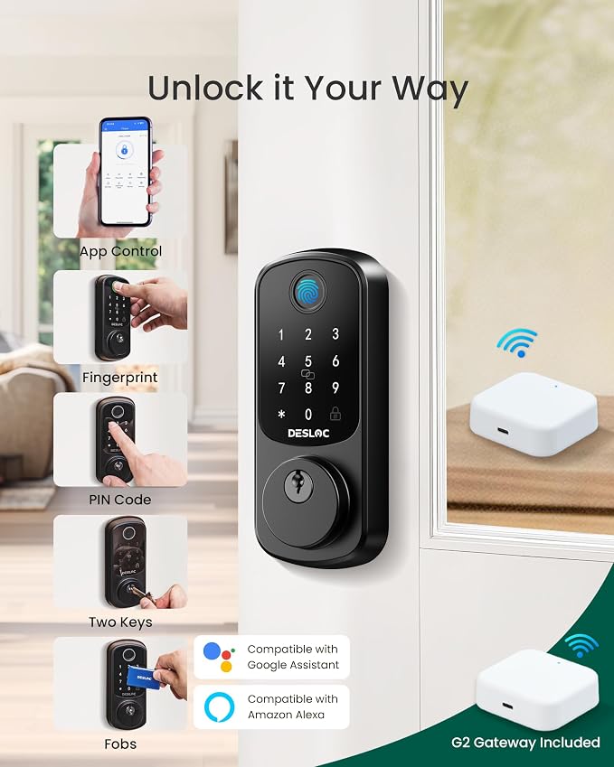 DESLOC Smart Lock B200 WiFi Version, Fingerprint Keyless Entry Door Lock, App Remote Control, Smart Locks for Front Door, WiFi Deadbolt Smart Lock, Emergency Power Port,12 Months Battery, Auto Lock - Image 2