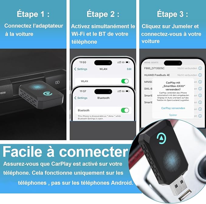 Wireless Carplay Adapter, Convert Wired to Wireless CarPlay, Compatible with CarPlay, Plug and Play, Type-C/USB, Suitable for 800+ Vehicles (Blue) - Image 3