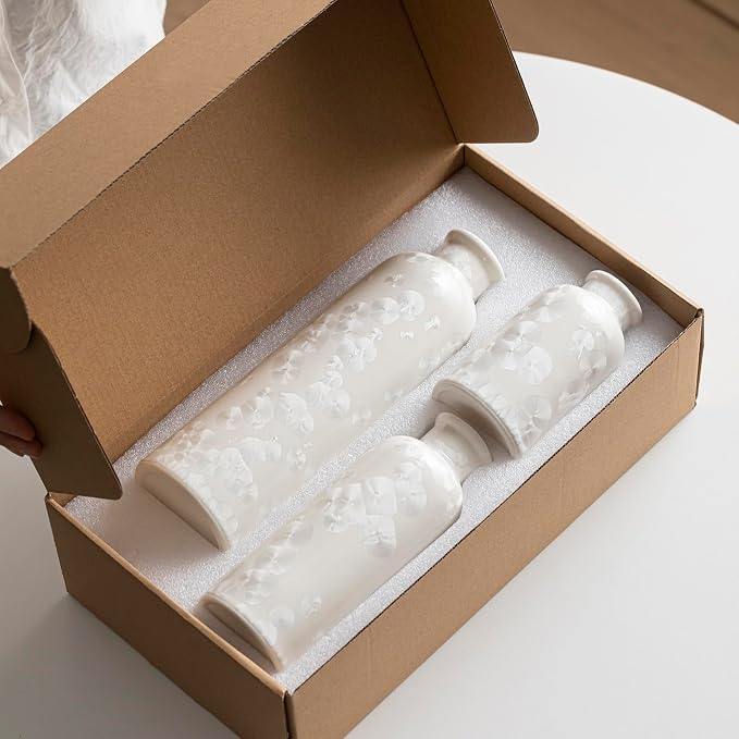 Modern Ceramic Vase Set of 3, White Crystalline Glaze Colors, Decorative Bottles for Home, Farmhouse Rustic Decor Housewarming Gifts, Wedding Gifts, Birthday Gifts for Women(Crystalline Glaze White) - Image 5