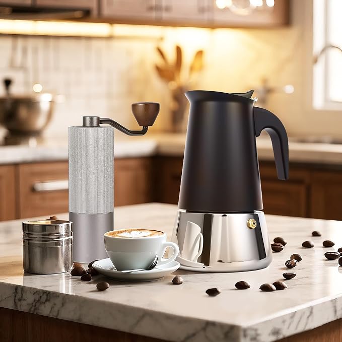 6 Cup Stainless Steel Moka Pot, 300ml Stovetop Espresso Maker, Black - Image 8