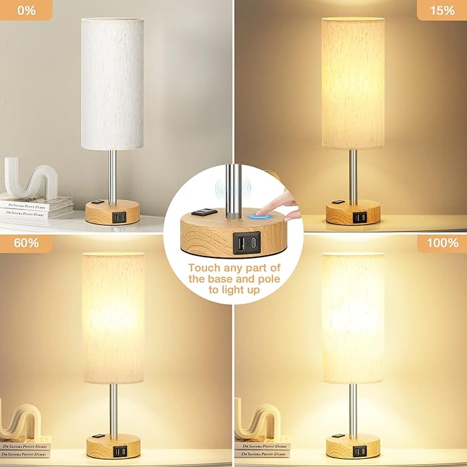 Fenmzee Bedside Table Lamp for Bedroom - Dimmable Touch, USB A+C, AC Outlet | 3-Way Dimmable, LED Bulb Included, Fabric Lampshade, Wood-Grain Metal Base, 14" Small Nightstand Lamp for Desk, Living Room - Image 2