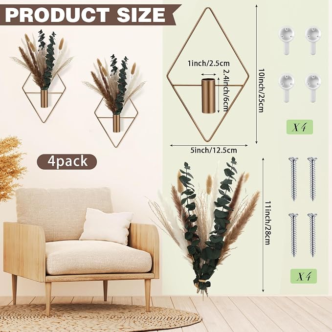 Jexine 8 Pcs Hanging Planters with Artificial Pampas Metal Hanging Vase Indoor Plants Holder Modern Geometric Boho Bathroom Wall Decor for Living Room Home Office(Antique Copper) - Image 2