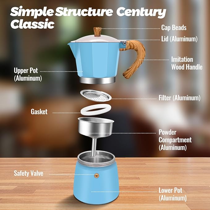 9 Cup Aluminum Moka Pot Classic Stovetop Espresso Coffee Maker 450ml 15oz Coffeemaker Percolator Mocha Pot Greca Coffee Maker Cafe Makers for Italian and Cuban Café Brewing Blue - Image 3