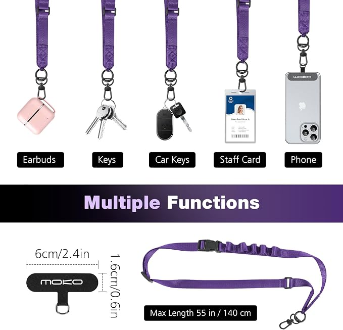 MoKo Universal Phone Lanyard, Nylon Adjustable Cell Phone Crossbody Strap Detachable Women & Men Cellphone Lanyards Around the Neck with Patches for iPhone, Most Smartphones, Dark Purple - Image 6