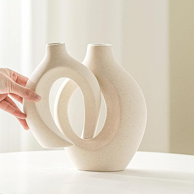 Lvases Snuggle Hollow Ceramic Vase Set of 2, Nordic Modern Boho ins Style Decorative Ceramic Aesthetic Flower Vase for Home Decor (Milky White W 6.3" X H 8.4") - Image 2
