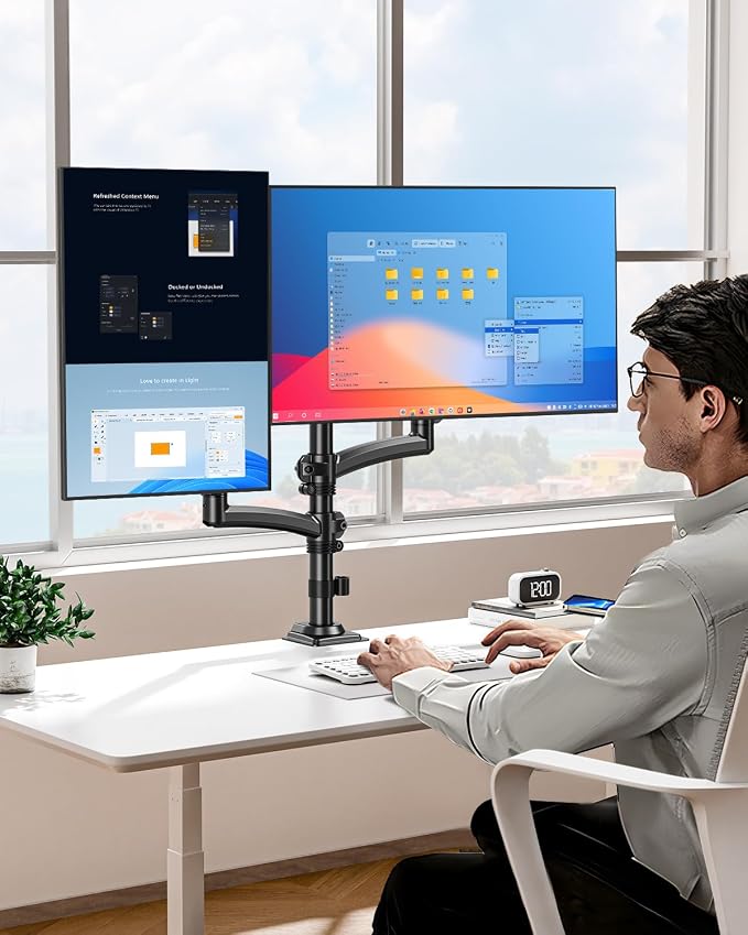 Dual Monitor Stand for 2 Screens up to 32 inch, Vertical Stacked Dual Monitor Mount, Full Motion Adjustable Tall Double Monitor Desk Mount, Each Arm Holds 4.4-22lbs, VESA 75/100mm, Black, Freelift - Image 3