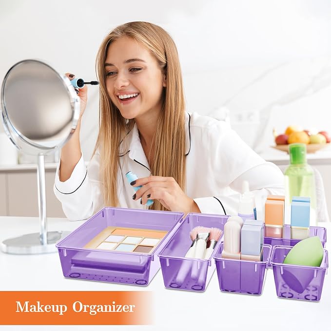 SpaceHacks 25 PCS Plastic Drawer Organizer Set, 4-Size Versatile Organizer Trays & storage Bins for Makeup, Jewelry, and Gadgets in Bathroom, Bedroom and Office,Clear Purple - Image 5