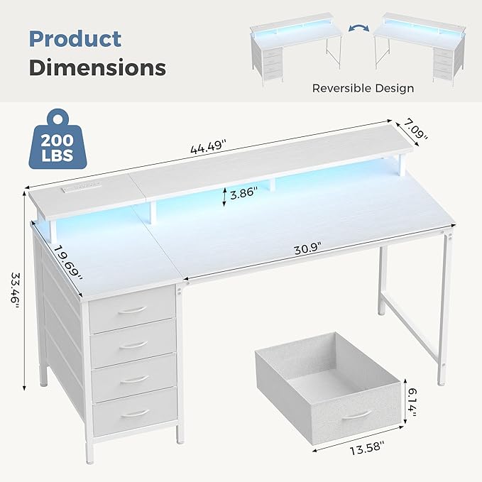 DUMOS 47-Inch Gaming Desk with Power Outlets and LED Lights, White | Computer Desk with 4 Storage Drawers, Home Office Desk with Monitor Stand, Small Desk for Bedroom Study - Image 3