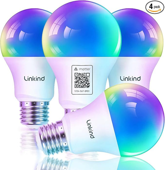 Linkind Matter Smart Light Bulb, Smart Bulbs Work with Apple Home, Siri, Alexa, Google, SmartThings, AiDot, LED RGBTW Color Changing Bulbs Music Sync, Dotis Ai, A19 E26 60W 800LM 2.4G WiFi, 4 Pack by Linkind