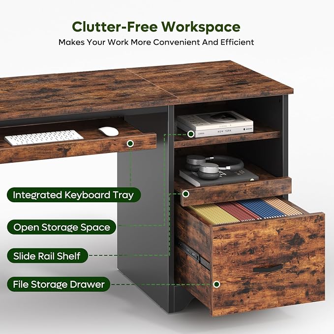 Bestier 47" Computer Desk with Drawers, Home Office Desk with Keyboard Tray, Reversible Industrial Office Desk with Storage Cabinet for Small Space Home Office & Studio, Rustic Brown | Storage Drawer, File Drawer Letter/Legal, Keyboard Tray, Cable Mana... - Image 4