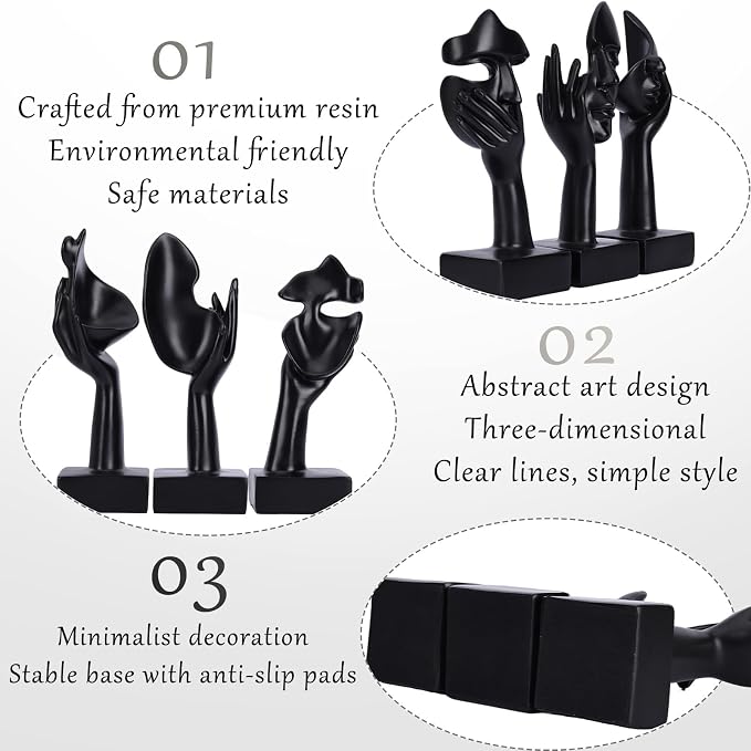 3 Pcs Thinker Large Statue Set - Black Art Abstract Home Accent Figurines for Living Room, Bedroom, Shelves, Office Desktop, Coffee Table Decor, Gift for Women (3 Pcs Black, 9") - Image 5