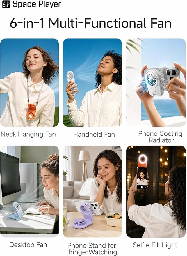 Space Player 6-in-1 Mini Fan, Portable Handheld Fan with Neck Fan, Magnetic Phone Mount, Desktop Stand & Selfie Fill Light, USB Rechargeable Pocket Fan for Travel, Cruise, Concert, Makeup,Blue - Image 2