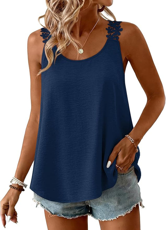 OFEEFAN Tank Top for Women Loose Fit Crew Neck Sleeveless Shirts Strap Lace Camisole Chiffon Summer Tops Curved Hem by OFEEFAN