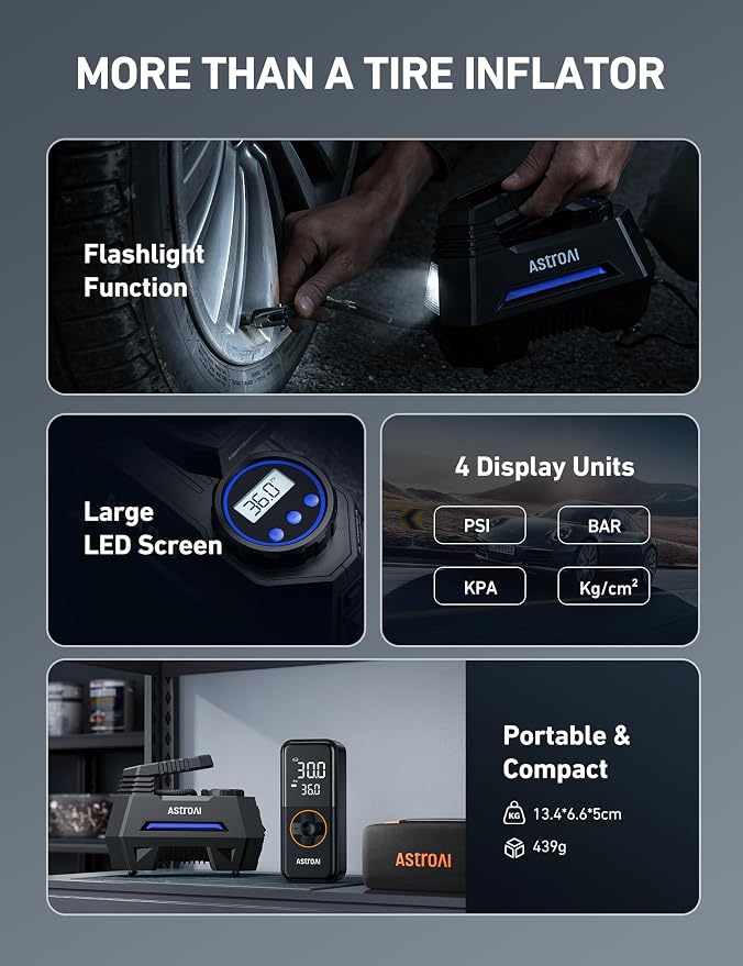 AstroAI AIRUN H Tire Inflator Portable Air Compressor,Fast Inflation Electric Air Pump for Car Tires-Car Accessories,9.8Ft Cord-12VDC-Powered Auto Shut-Off with Digital Pressure Gauge,LED Light,Blue - Image 7