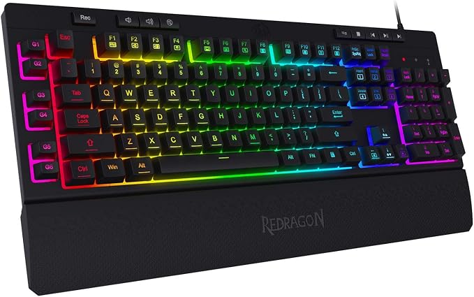 Redragon K512 RGB Membrane Gaming Keyboard, 6 Macro Keys & Easy Media Wheel | Dedicated Scroll Controls, No Software Needed 6 On-the-Fly Combos for Extensive Games, 13 Backlight Modes, Wrist Support by REDRAGON