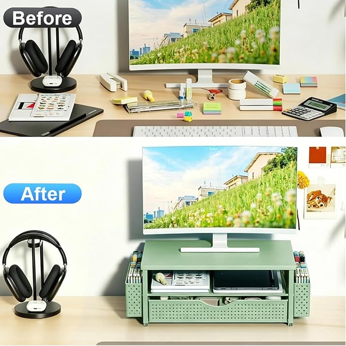 Spacrea Desk Organizer and Accessories, Computer Monitor Stand Riser with Drawer and 2 Pen Holders, Office Desk Accessories & Workspace Organizers for Office Supplies (Sage Green) - Image 2