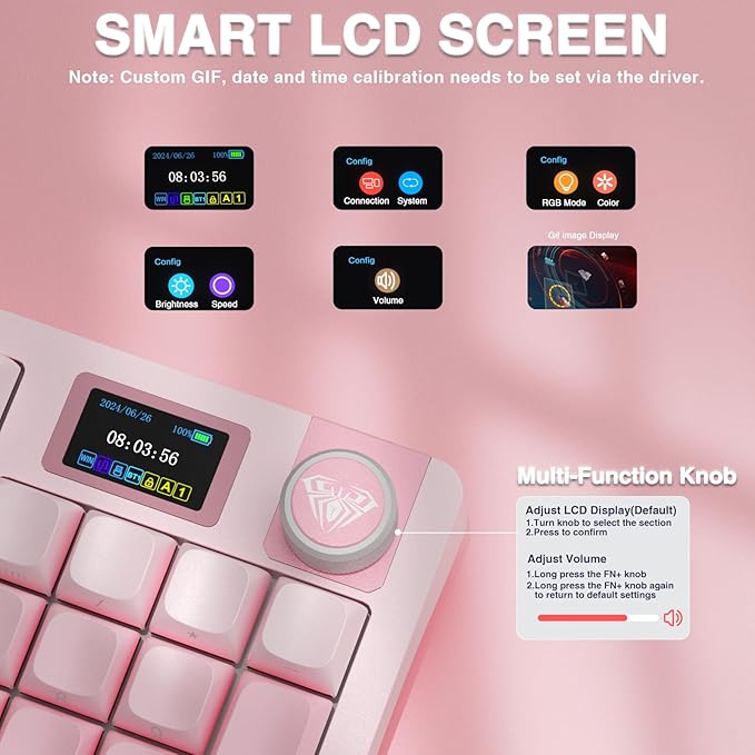 AULA S98 Pro Wireless Mechanical Keyboard with Screen & Knob,2.4GHz/USB-C/BT5.0 Hot Swappable Pink Creamy Keyboard,Pre-lubed Linear Switches,Side Printed PBT Keycaps,RGB Backlit Gaming Keyboards - Image 3