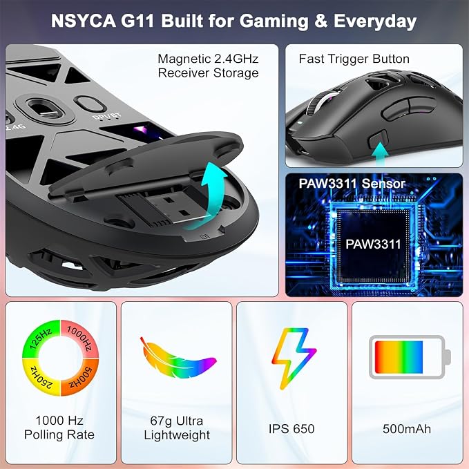 G11 Lightweight Wireless Gaming Mouse for FPS & Competitive Gaming, Tri-Mode Bluetooth 5.1/2.4GHz/USB-C, 22000 DPI RGB Mouse with Programmable Buttons for PC, Laptop & Mac (Black) - Image 6