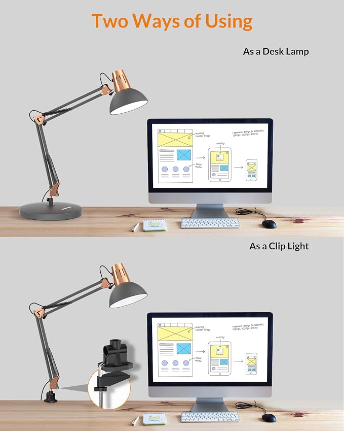 LEPOWER Metal Adjustable Desk Lamp with Clamp, Swing Arm for Home Office | Gooseneck, Architect Style, Eye-Caring Table Lamp, On/Off Switch, E26 Base, Reading for Dorm, Bedroom, Study, Back to School - Image 4