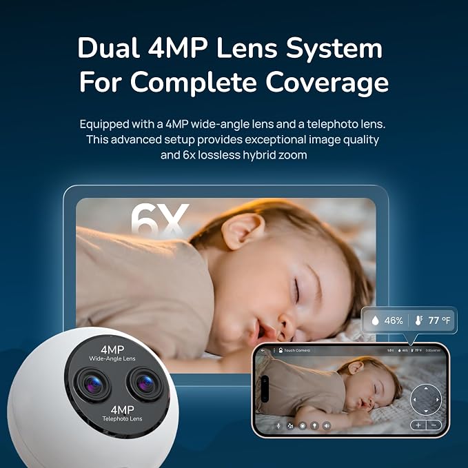 Babysense Touch Add-On Camera Unit – 4MP Dual-Lens (Wide & Telephoto), 6X Hybrid Zoom, AI Auto Tracking & Focus Area, Night Vision, Compatible w Touch Parent Unit/App (Monitor Not Included) - Image 4
