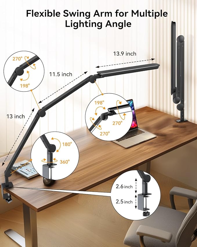 LED Desk Lamp with Clamp, Architect Desk Lamp with Remote, Flexible Swing Arm Desk Light with Dual LED Light, Stepless Dimming, 5 Color Mode & 4 Brightness for Sewing Painting Drafting Crafting - Image 4
