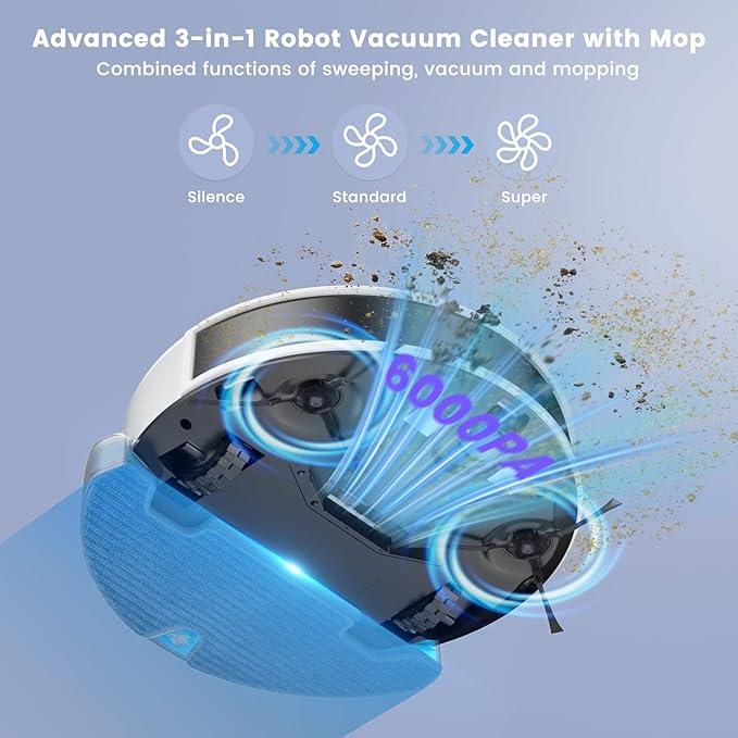 OKP Lidar Robot Vacuum and Mop Combo, 6000Pa Automatic Robotic Vacuum, Smart Mapping, 3.7 inch Thin, 150 Min Max, 5G WiFi/App/Alexa Control, Ideal for Pet Hair, Hardfloors, Carpets, Home(L6 Aqua) - Image 2