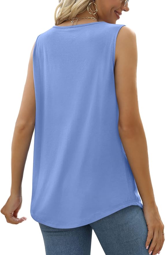 Saloogoe Summer Tank Tops for Women Loose Fit Pleated Square Neck Sleeveless Tops Curved Hem Flowy - Image 4