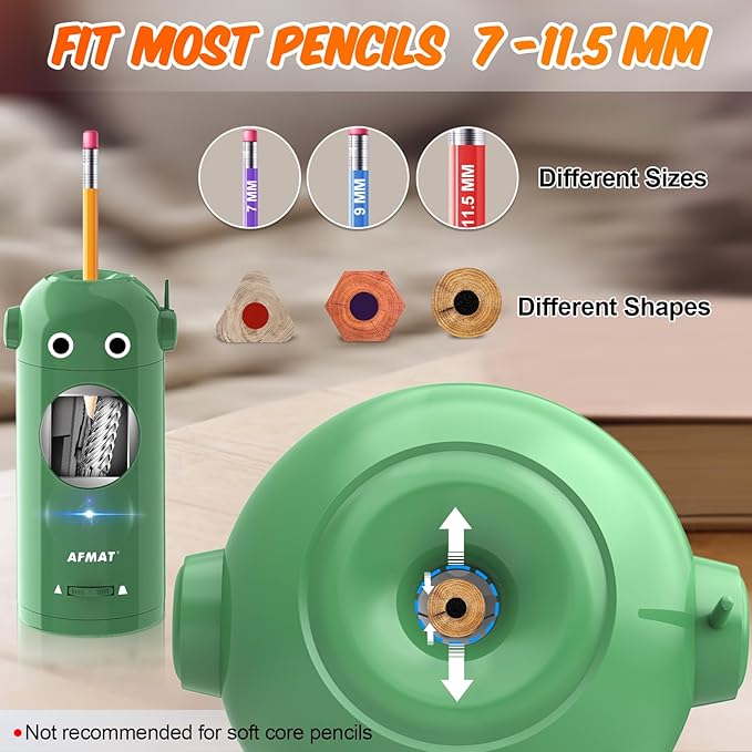 AFMAT Electric Pencil Sharpener for Colored Pencils 7-11.5mm, Fully Automatic Robot Pencil Sharpener, Auto in & Out, Rechargeable Hands-Free for Classroom/Home/Office, Battery Operated, PSX5RB, Green - Image 3