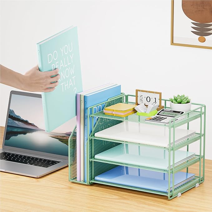 Marbrasse 4-Tier Paper Tray Organizer with File Holder, Green | Sturdy Paper Tray, Built-in File Holder, fits Letters/Docs, Saves Desk Space, for School/Office/Home - Image 5