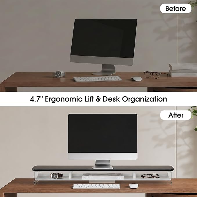 Fenge 42.5" Dual Monitor Stand with Clear Acrylic Legs, Black | Clear acrylic, storage compartment, 2-tier home office monitor riser, wide large desktop shelf fit monitor/laptop/printer - Image 6