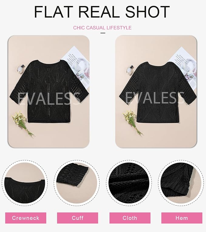 EVALESS Womens Crochet Hollow Out Knit Tops Half Sleeve Spring Summer Sweaters Beach Cover Ups for Women Trendy 2026 - Image 5