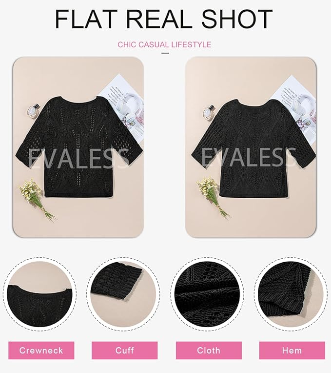 EVALESS Womens Crochet Hollow Out Knit Tops Half Sleeve Spring Summer Sweaters Beach Cover Ups for Women Trendy 2026 - Image 5