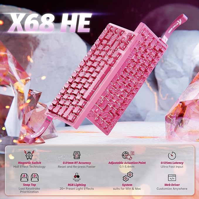 ATTACK SHARK X68HE RT Mechanical Gaming Keyboard 60% Wired TKL-Rose Contour | Adjustable Actuation,Hall Effect Magnetic Switch,8KHz Polling Rate,RGB Backlit,Top Mount,Side Printed Keycap for PC Mac Gamer - Image 2