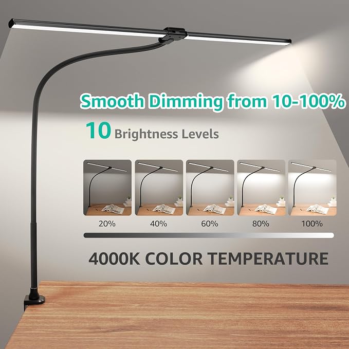 ShineTech LED Desk Lamp for Home Office, 4000K Neutral White Double Head Architect Task Lamps with Clamp, Dimmable Adjustable Flexible,Black - Image 3