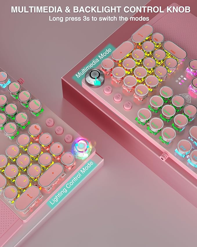AULA F2088 Typewriter Mechanical Keyboard, Pink Retro Wired Gaming Keyboard with Blue Switches, Rainbow Backlit, Round Keycaps, Media Knob & Removable Wrist Rest - Image 5