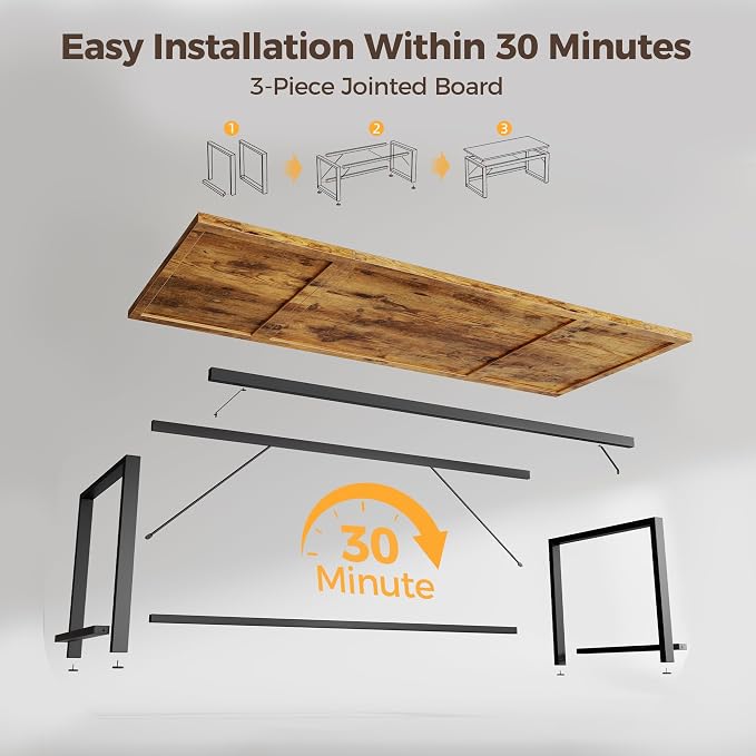 Mericonia 63x28 Inch Computer Desk, 1" Thick Large Office Table, Brown | Modern Simple Style, Heavy Duty Industrial Frame, Large Study & Writing Table for Home Bedroom Work - Image 8