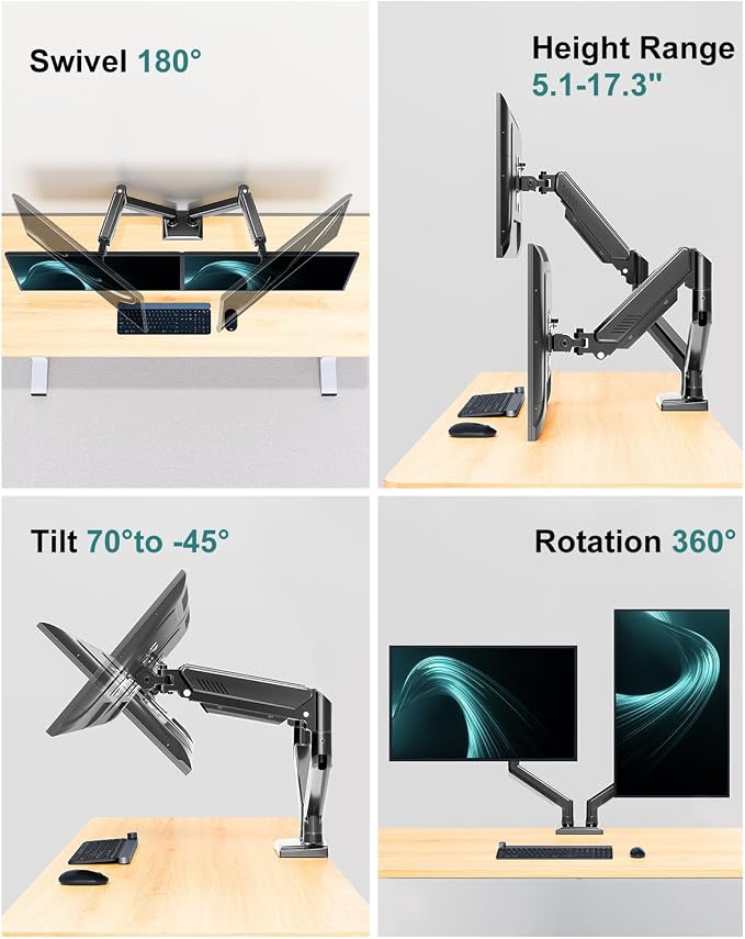 Dual Monitor Arm Desk Mount Fits 13 to 32 inch Computer Screens, Holds 4.4 to 22lbs Display VESA Mount, Adjustable Double Monitor Stand with Clamp/Grommet Base, 75/100mm Bracket, Black, Freelift - Image 3
