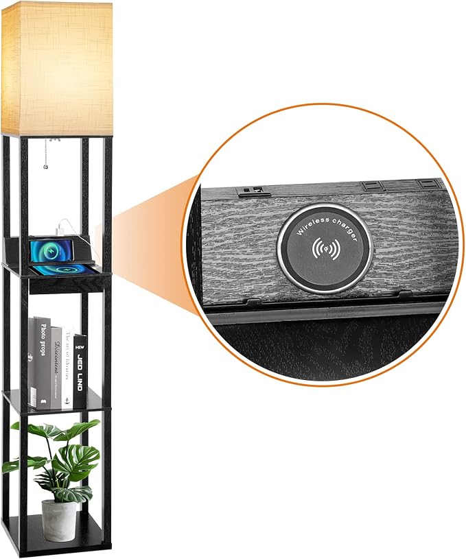 Floor Lamp with Shelves, RUNTOP LED Shelf Floor Lamp with Wireless Charger & 2 Charging USB Ports & Drawer, AC Outlet, 3 Color Temperature Tall Standing Lamp with Bulb for Living Room, Bedroom, Office - Image 2
