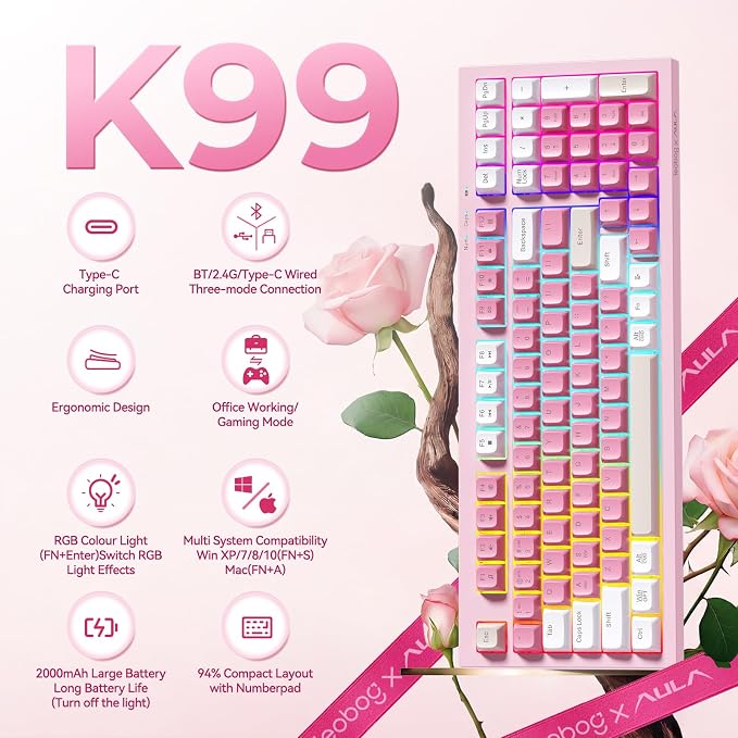 LEOBOG x Aula Pink Keyboard Wireless Creamy Computer Gaming Keyboards | Silent Membrane Keyboard, 98 Keys 2000mAh Quiet Creamy Keyboard with Number Pad, Rechargeable, for PC Mac Office Dorm Rooms - Image 2