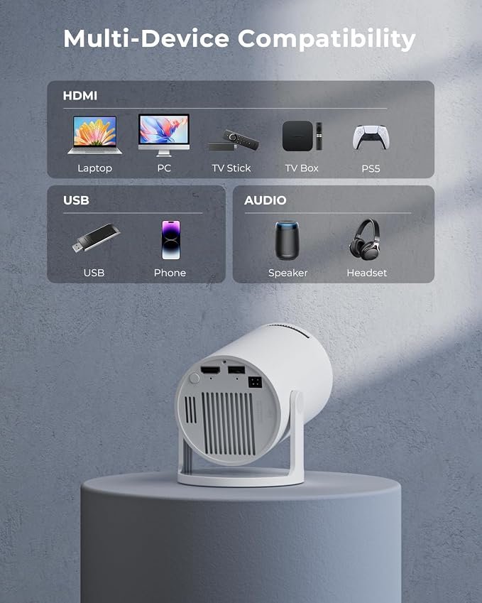 Mini Projector, Portable Projector with Wifi and Bluetooth, Built in Apps | Support 4K 1080P, 180° Rotation, Auto Keystone, Movie Projector Compatible With HDMI/USB/TV Stick/Smartphone/Laptop - Image 8