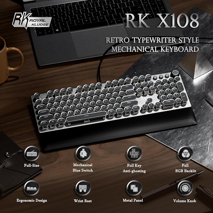 RK ROYAL KLUDGE X108 Typewriter Keyboard with Knob, Wired Mechanical Gaming Keyboard, 108 Keys RGB Backlit Sidelight, Detachable Wrist Rest, Retro Round Keycaps Blue Switches - Shadow Black - Image 2