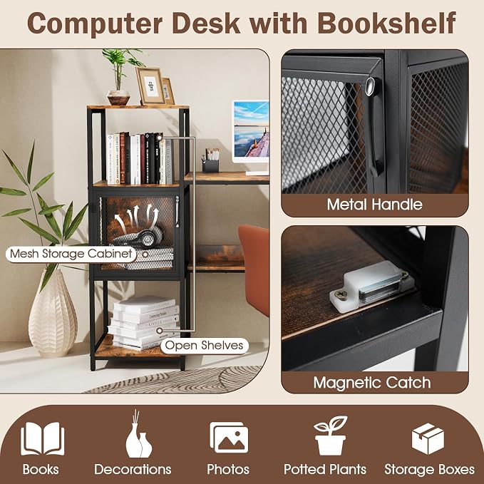 Giantex Computer Desk with Bookshelf, Modern Computer Workstation Home Office Desk with Storage Cabinet & Shelves, Metal Frame, Study Writing Desk for Small Space, Bedroom, Rustic Brown - Image 7