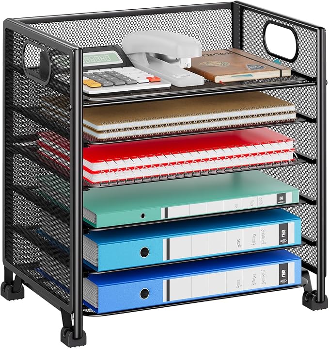 Simple Trending 6-Tier Paper Tray Organizer, File Organizer for Desk, Black | Letter Tray Holder with Handle. Sturdy Metal Frame. Non-slip Feet. Black for Office Home School. 13.35"L x 9.35"W x 15.6"H by SimpleTrending