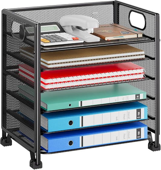Simple Trending 6-Tier Paper Tray Organizer, File Organizer for Desk, Black | Letter Tray Holder with Handle. Sturdy Metal Frame. Non-slip Feet. Black for Office Home School. 13.35"L x 9.35"W x 15.6"H by SimpleTrending